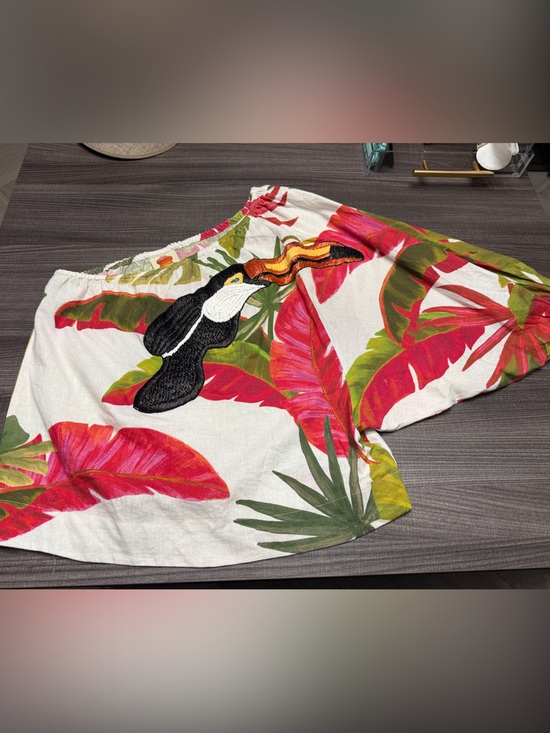 FARM Rio Tops - FARM Rio White Tropical Toucan one shoulder Blouse with Red & Green Leaves